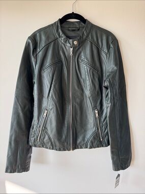 Guess Dark Green Leather Moto Jacket